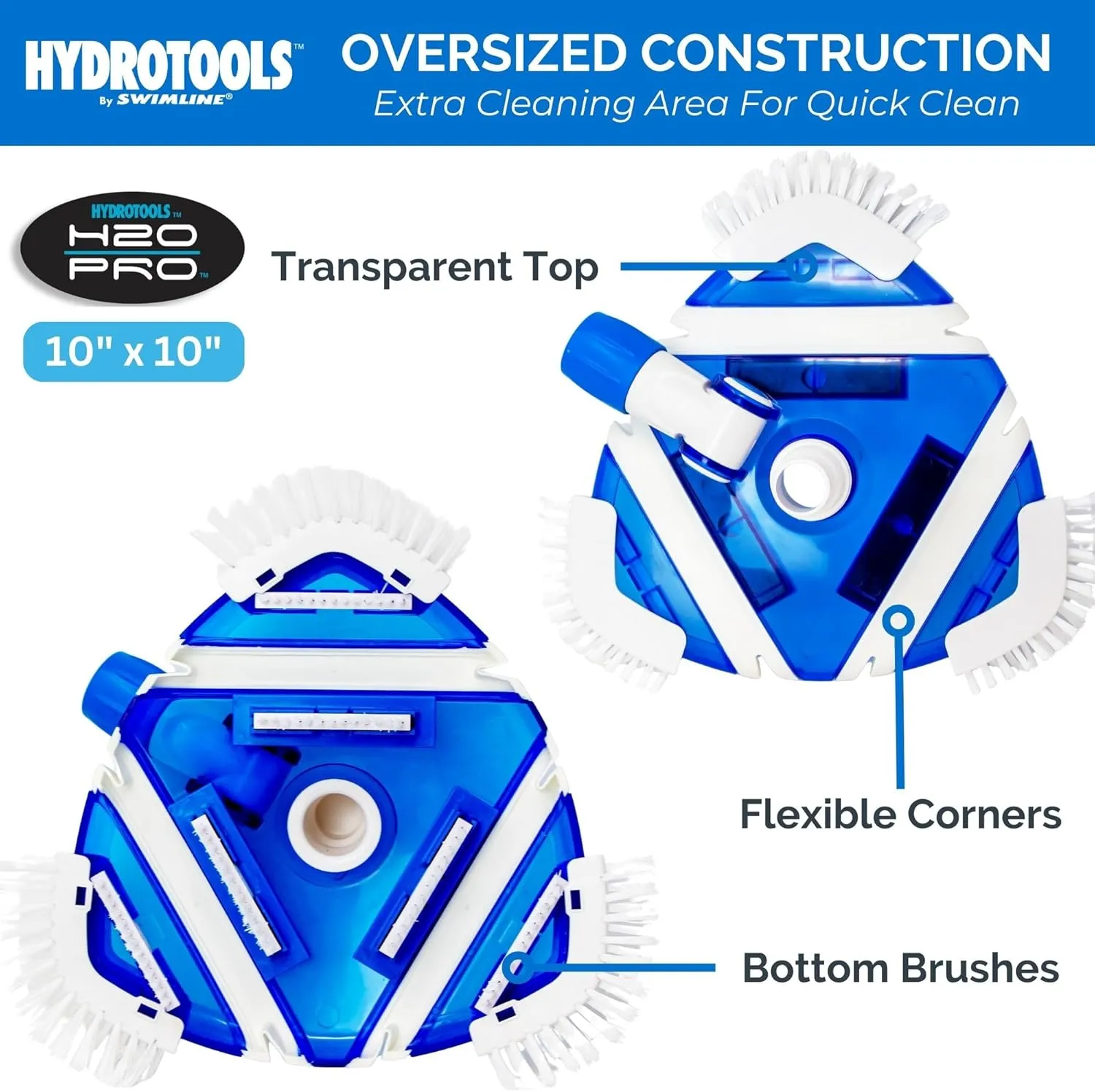 SWIMLINE HYDROTOOLS Clear Pool Vacuum Head Attachment For Inground & Above Ground Pools | Weighted Flexible Vac Head Triangle Shape W/ Bristles | Swivel Hose 1-1/4 or 1-1/2’’| See Through Transparent