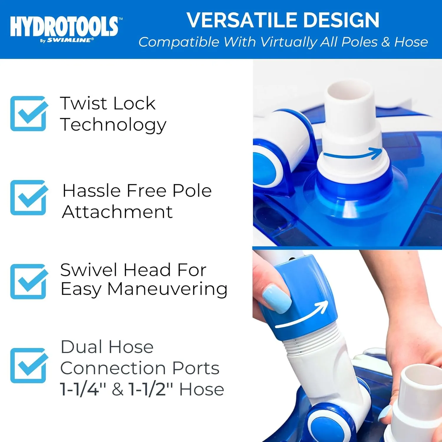SWIMLINE HYDROTOOLS Clear Pool Vacuum Head Attachment For Inground & Above Ground Pools | Weighted Flexible Vac Head Triangle Shape W/ Bristles | Swivel Hose 1-1/4 or 1-1/2’’| See Through Transparent