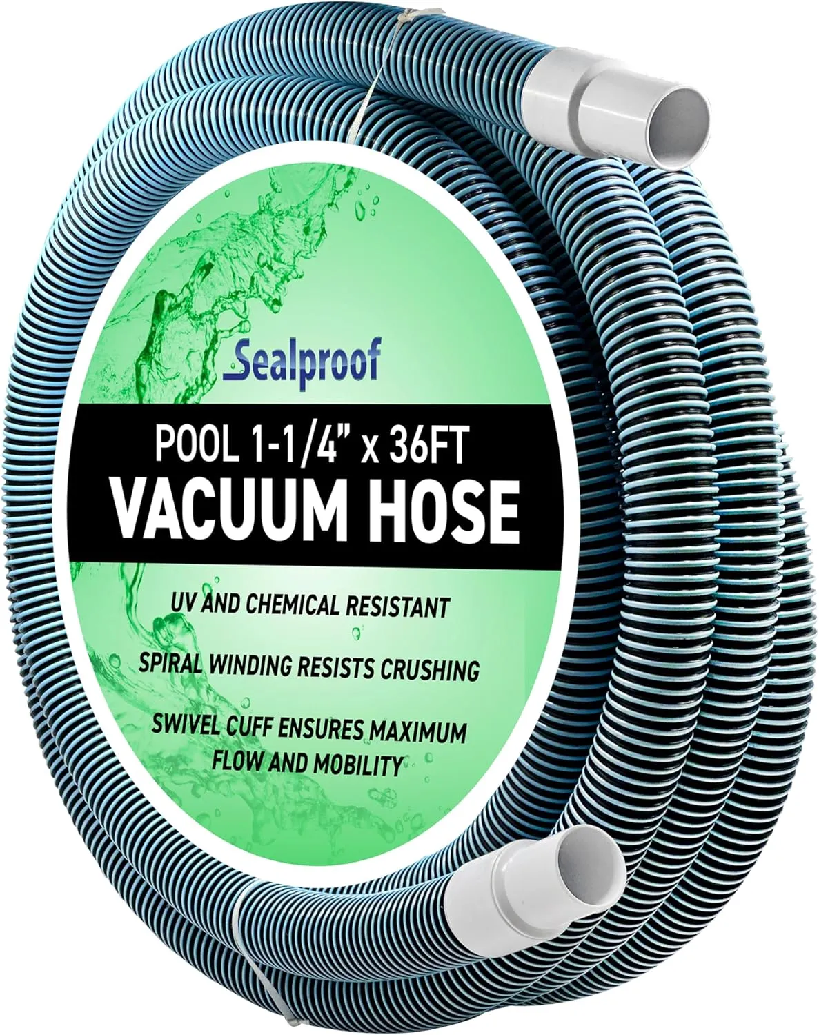 Swimming Pool Vacuum Hose 1-1/4" x 36-Ft, Swivel Cuff Kinkproof Design, Made in USA, Connects to Vacuum Head, Skimmer, Filter Pump for Cleaning Above Ground or In Ground Pools