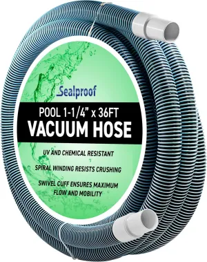 Swimming Pool Vacuum Hose 1-1/4" x 36-Ft, Swivel Cuff Kinkproof Design, Made in USA, Connects to Vacuum Head, Skimmer, Filter Pump for Cleaning Above Ground or In Ground Pools