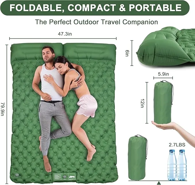 SYITCUN Self-Inflating Sleeping Mats for Camping, 2 Person Sleeping Pad for Camping, Double Ultra-Light Inflatable Camping Mattress with Pillow, Built-in Foot Pump for Backpacking, Hiking & Travel