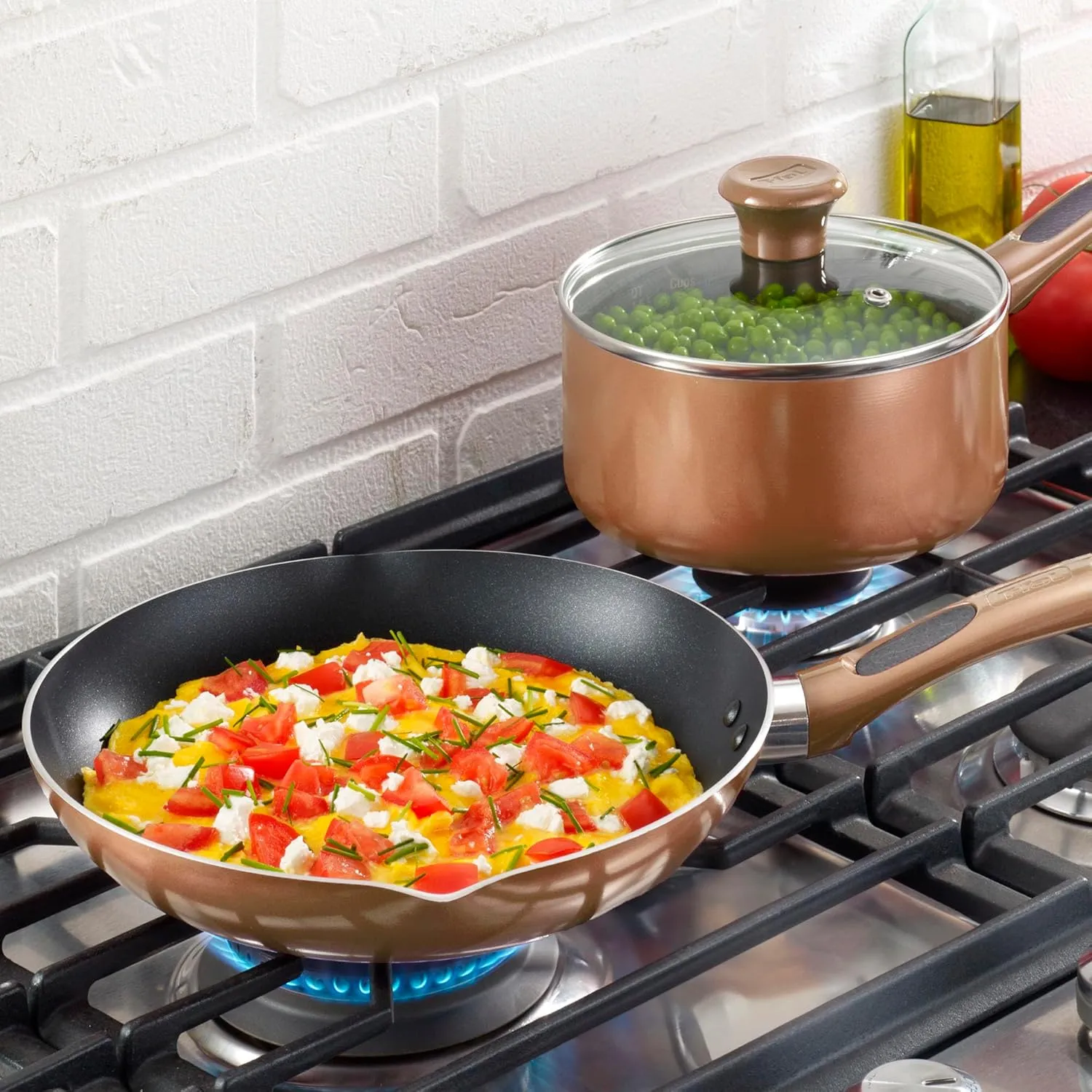 T-fal B036SE64 B036SE Excite ProGlide Nonstick Thermo-Spot Heat Indicator Dishwasher Oven Safe Cookware Set, 14-Piece, Bronze