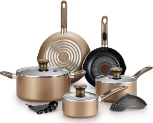 T-fal B036SE64 B036SE Excite ProGlide Nonstick Thermo-Spot Heat Indicator Dishwasher Oven Safe Cookware Set, 14-Piece, Bronze