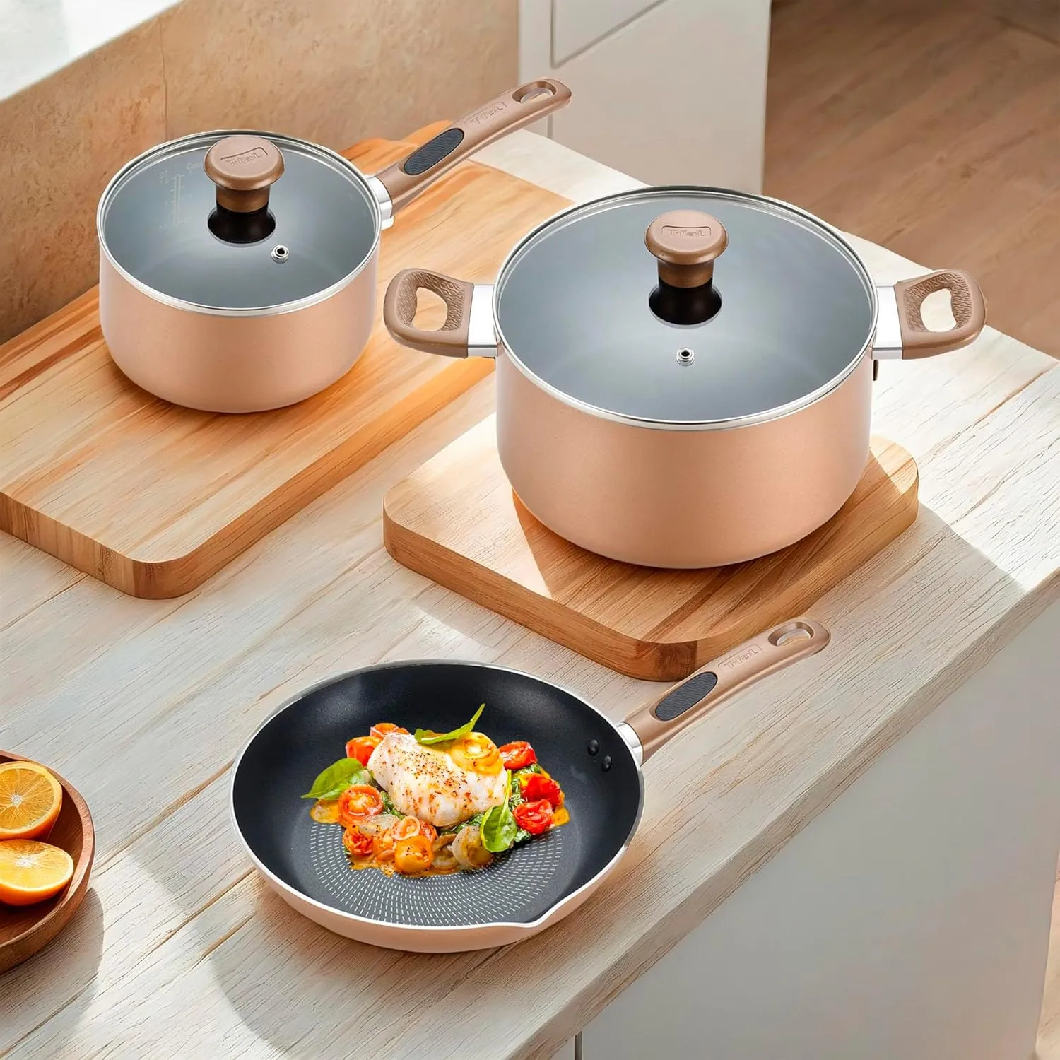 T-fal B036SE64 B036SE Excite ProGlide Nonstick Thermo-Spot Heat Indicator Dishwasher Oven Safe Cookware Set, 14-Piece, Bronze