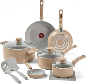 T-Fal Refresh Ceramic Nonstick Cookware Set, 12-Piece, Made without PFOA and PTFE, Oven and Broiler Safe up to 350°F, Includes Stockpot, Griddle, Frying Pans, and Utensils, Pots and Pans, Sand Beige
