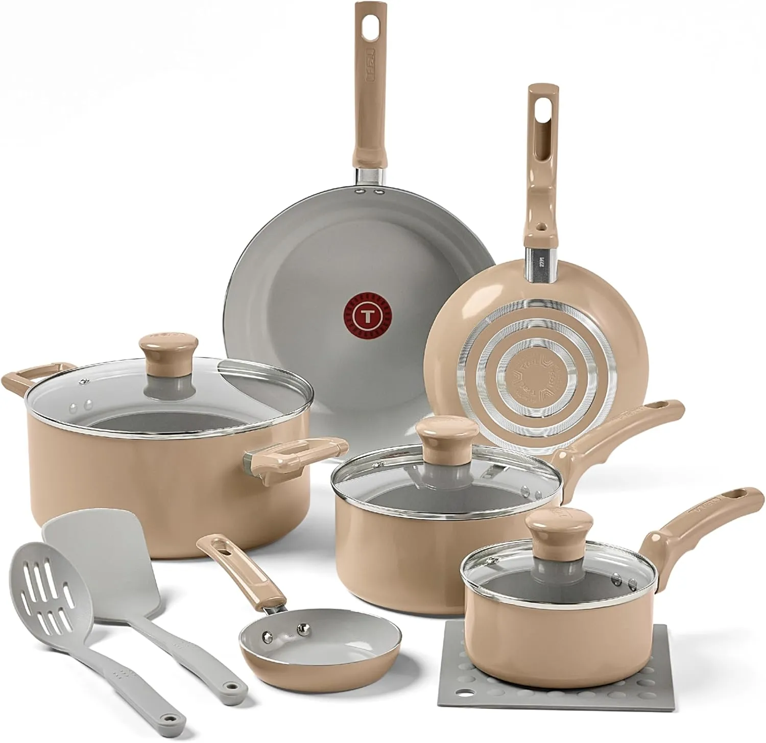 T-Fal Refresh Ceramic Nonstick Cookware Set, 12-Piece, Made without PFOA and PTFE, Oven and Broiler Safe up to 350°F, Includes Stockpot, Griddle, Frying Pans, and Utensils, Pots and Pans, Sand Beige