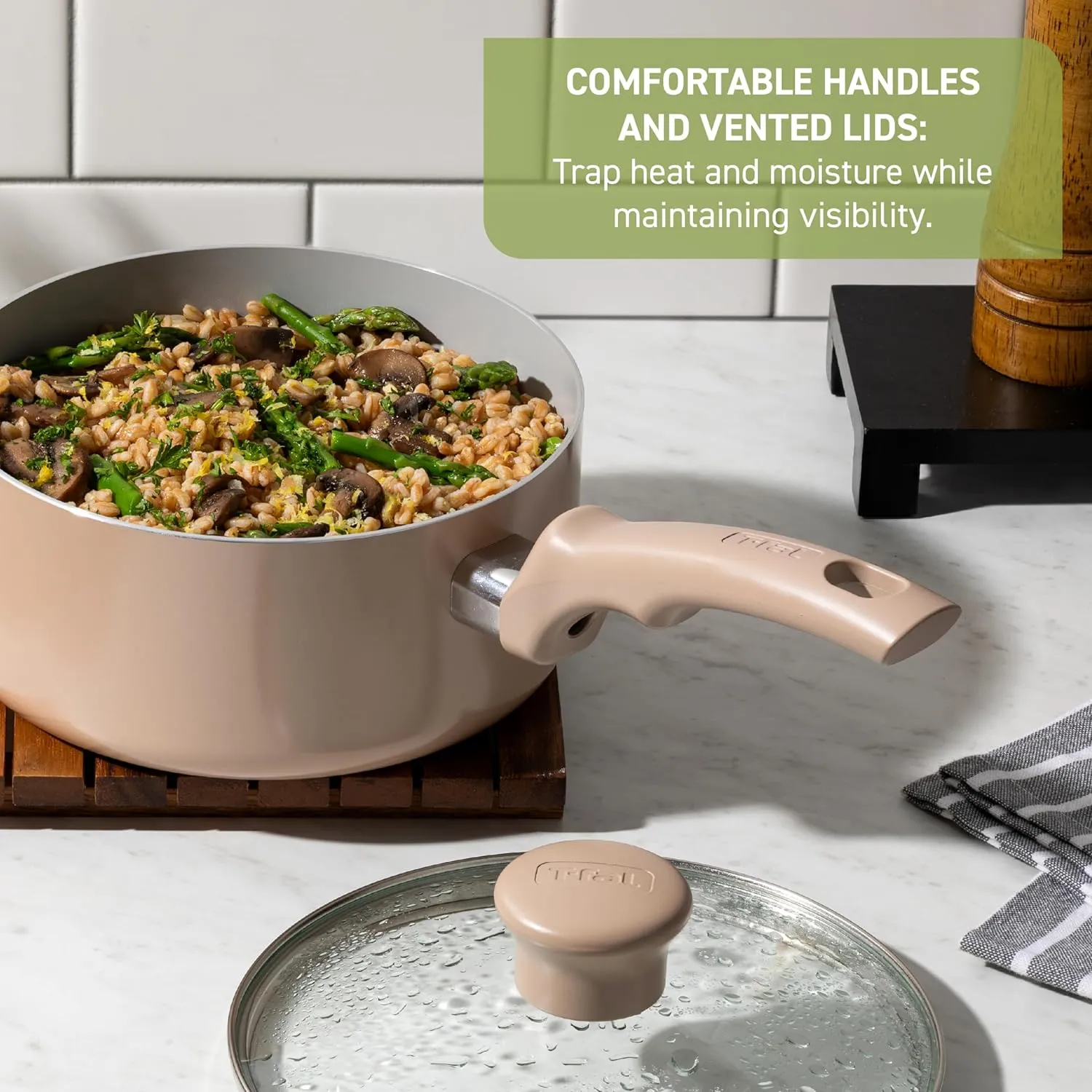 T-Fal Refresh Ceramic Nonstick Cookware Set, 12-Piece, Made without PFOA and PTFE, Oven and Broiler Safe up to 350°F, Includes Stockpot, Griddle, Frying Pans, and Utensils, Pots and Pans, Sand Beige