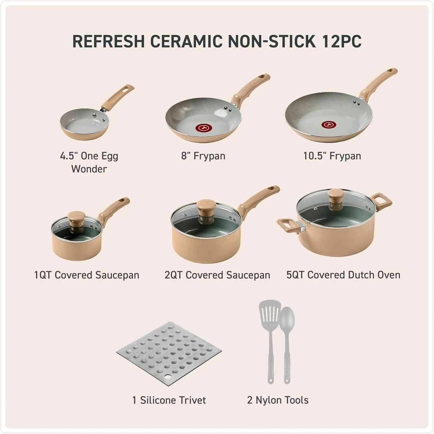T-Fal Refresh Ceramic Nonstick Cookware Set, 12-Piece, Made without PFOA and PTFE, Oven and Broiler Safe up to 350°F, Includes Stockpot, Griddle, Frying Pans, and Utensils, Pots and Pans, Sand Beige