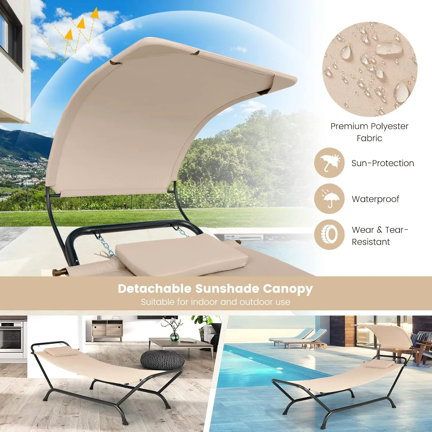 Tangkula Hammock with Stand Included, Heavy Duty Outdoor Hammock with Adjustable Canopy, Rustproof Metal Stand, Pillow, Storage Pocket, Hammock Bed with Stand for Backyard Lawn Poolside (Beige)