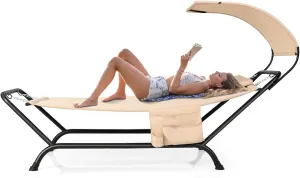 Tangkula Hammock with Stand Included, Heavy Duty Outdoor Hammock with Adjustable Canopy, Rustproof Metal Stand, Pillow, Storage Pocket, Hammock Bed with Stand for Backyard Lawn Poolside (Beige)