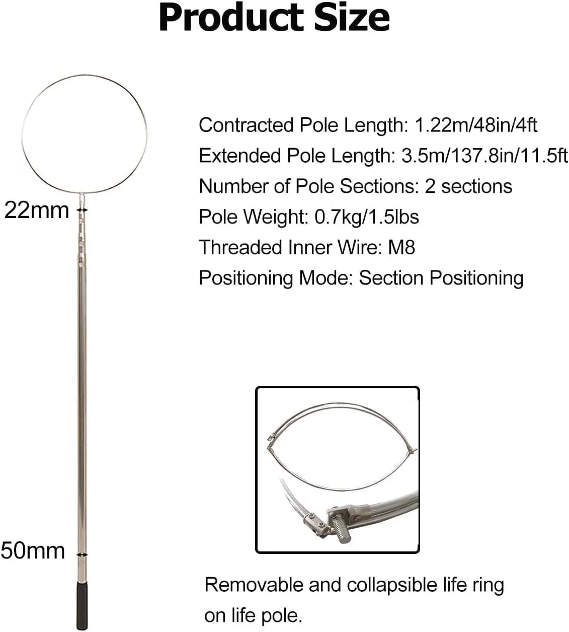 Telescopic Pool Rescue Pole with Hook, Durable Lifesaving Pole for Drowning Swimmers, Stainless Steel Rescue Salvage Rod for Boats Yachts Water Park Day/Night