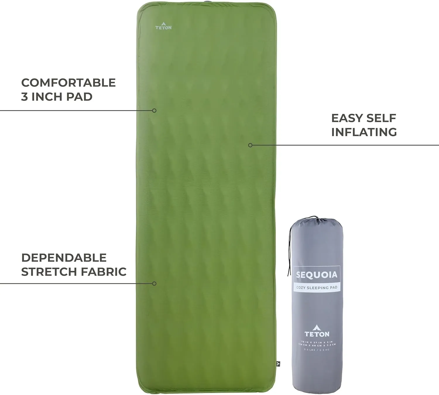 Teton Sequoia Regular Self Inflating Camping Sleeping Pad, Inflatable Sleeping Pads, Compact for Camping, Backpacking, and Hiking. Camping Mat with Roll-Up Straps and Storage Bag