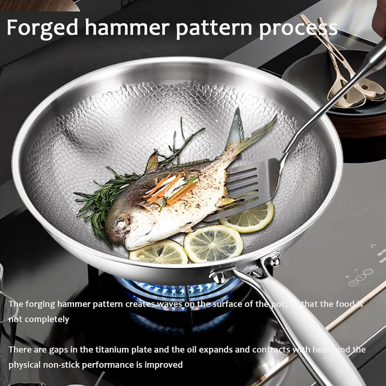Titanium Hammered Pan Pro with Lid, Titanium Pro Cookware, Multifunctional Ultra-Durable Scratch-Resistant Non Stick Nutri Pans (L)