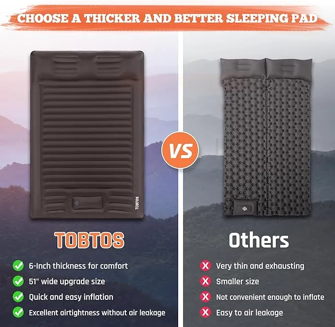 TOBTOS Double Sleeping Pad for Camping, Extra Thick 6" Camping Mattress 2 Person with Pillow Built-in Foot Pump, Inflatable Sleeping Mat for Camping, Backpacking, Hiking, Traveling(Brown)
