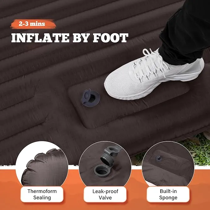 TOBTOS Double Sleeping Pad for Camping, Extra Thick 6" Camping Mattress 2 Person with Pillow Built-in Foot Pump, Inflatable Sleeping Mat for Camping, Backpacking, Hiking, Traveling(Brown)