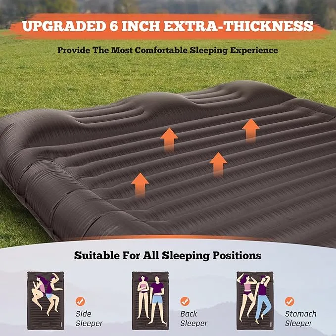 TOBTOS Double Sleeping Pad for Camping, Extra Thick 6" Camping Mattress 2 Person with Pillow Built-in Foot Pump, Inflatable Sleeping Mat for Camping, Backpacking, Hiking, Traveling(Brown)