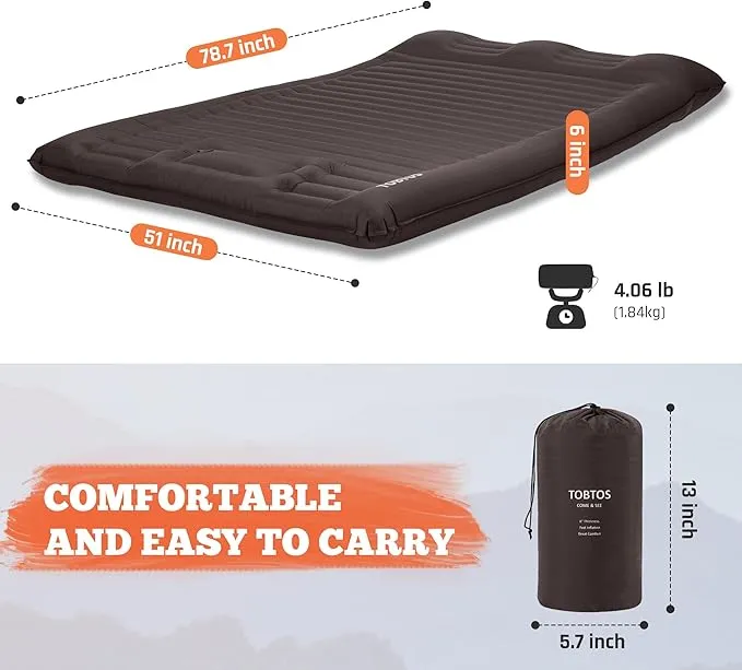 TOBTOS Double Sleeping Pad for Camping, Extra Thick 6" Camping Mattress 2 Person with Pillow Built-in Foot Pump, Inflatable Sleeping Mat for Camping, Backpacking, Hiking, Traveling(Brown)