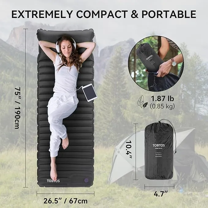 TOBTOS Inflatable Sleeping Pad for Camping with Pillow, 4" Thick Camping Mat with Built-in Foot Pump, Compact Air Mattress for Camping, Hiking, Backpacking (Grey)