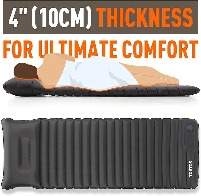 TOBTOS Inflatable Sleeping Pad for Camping with Pillow, 4" Thick Camping Mat with Built-in Foot Pump, Compact Air Mattress for Camping, Hiking, Backpacking (Grey)