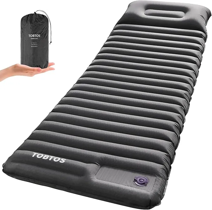 TOBTOS Inflatable Sleeping Pad for Camping with Pillow, 4" Thick Camping Mat with Built-in Foot Pump, Compact Air Mattress for Camping, Hiking, Backpacking (Grey)