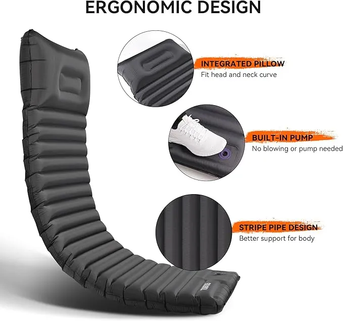 TOBTOS Inflatable Sleeping Pad for Camping with Pillow, 4" Thick Camping Mat with Built-in Foot Pump, Compact Air Mattress for Camping, Hiking, Backpacking (Grey)