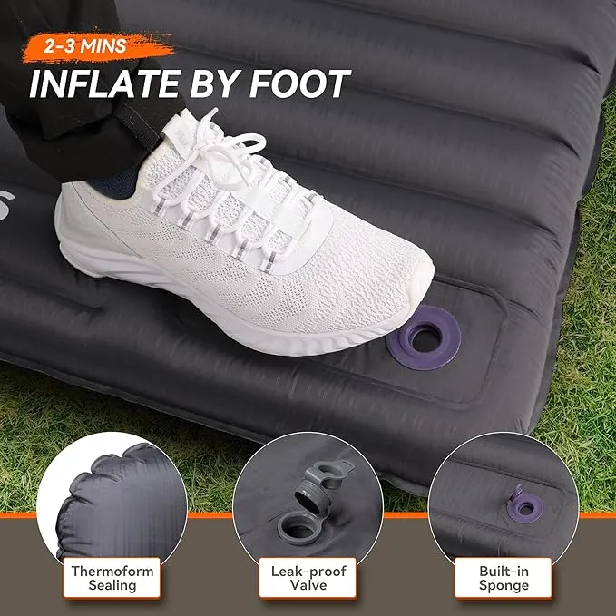 TOBTOS Inflatable Sleeping Pad for Camping with Pillow, 4" Thick Camping Mat with Built-in Foot Pump, Compact Air Mattress for Camping, Hiking, Backpacking (Grey)