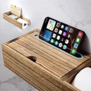 Toilet Paper Holder with Wood Drawer, Wooden Adhesive Paper Roll Holder with Drawer, Flushable Wipes Dispenser Fits for Bathroom Wipe Storage Decor Household Home Apartment Restroom Essentials
