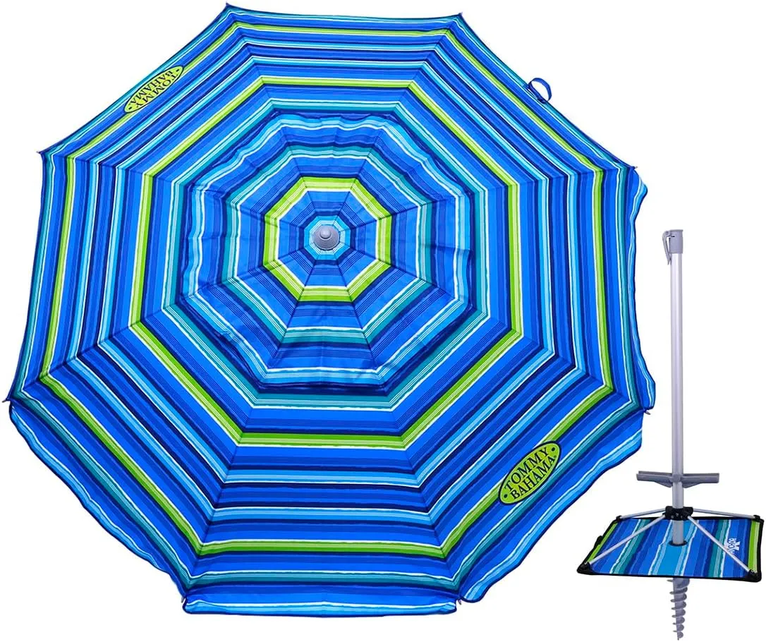 Tommy Bahama 7 ft Fiberglass Beach Umbrella for Sand with Integrated Anchor