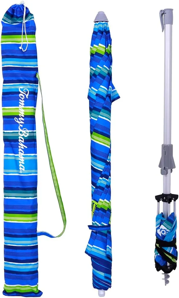 Tommy Bahama 7 ft Fiberglass Beach Umbrella for Sand with Integrated Anchor
