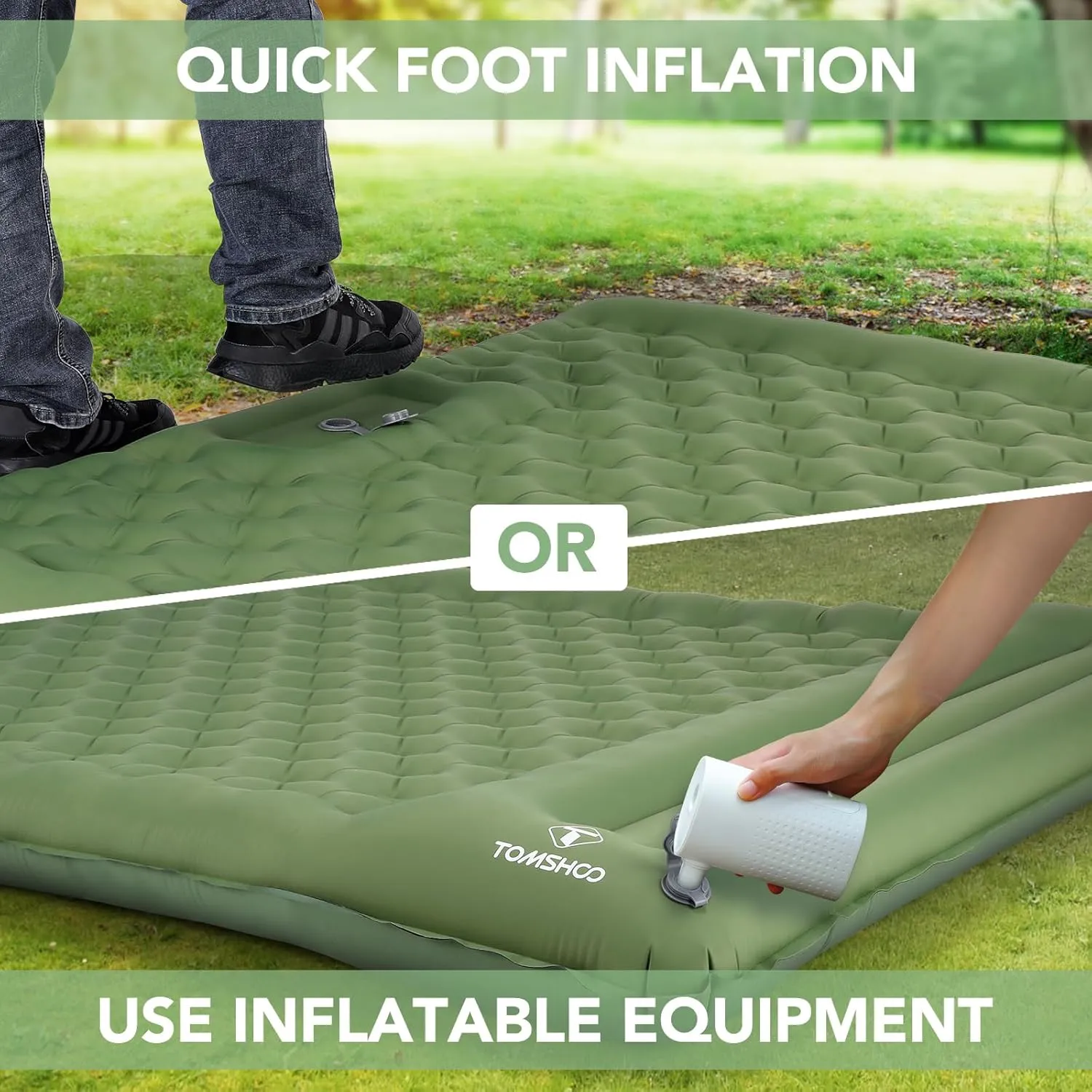 TOMSHOO Double Sleeping Pad, Inflatable Sleeping Mat Built-in Pump Camping Mat Upgraded Support Camping Mattress with Pillow, 2 Carabiner, Carry Bag, Repair Kit-77''L*53''W*5''H