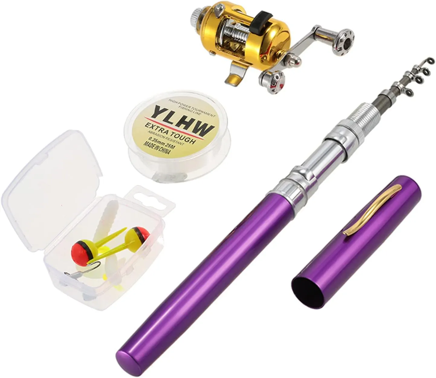 Topyond Mini Telescopic Pen Fishing Rod Reel Combo Portable Pocket Fish Rod with Aluminum Alloy Reel, 25m Fishing Line, Soft Lures, Jig Hooks for Boat, Dam, Ice Fishing (Purple)