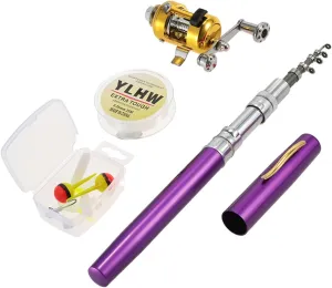 Topyond Mini Telescopic Pen Fishing Rod Reel Combo Portable Pocket Fish Rod with Aluminum Alloy Reel, 25m Fishing Line, Soft Lures, Jig Hooks for Boat, Dam, Ice Fishing (Purple)