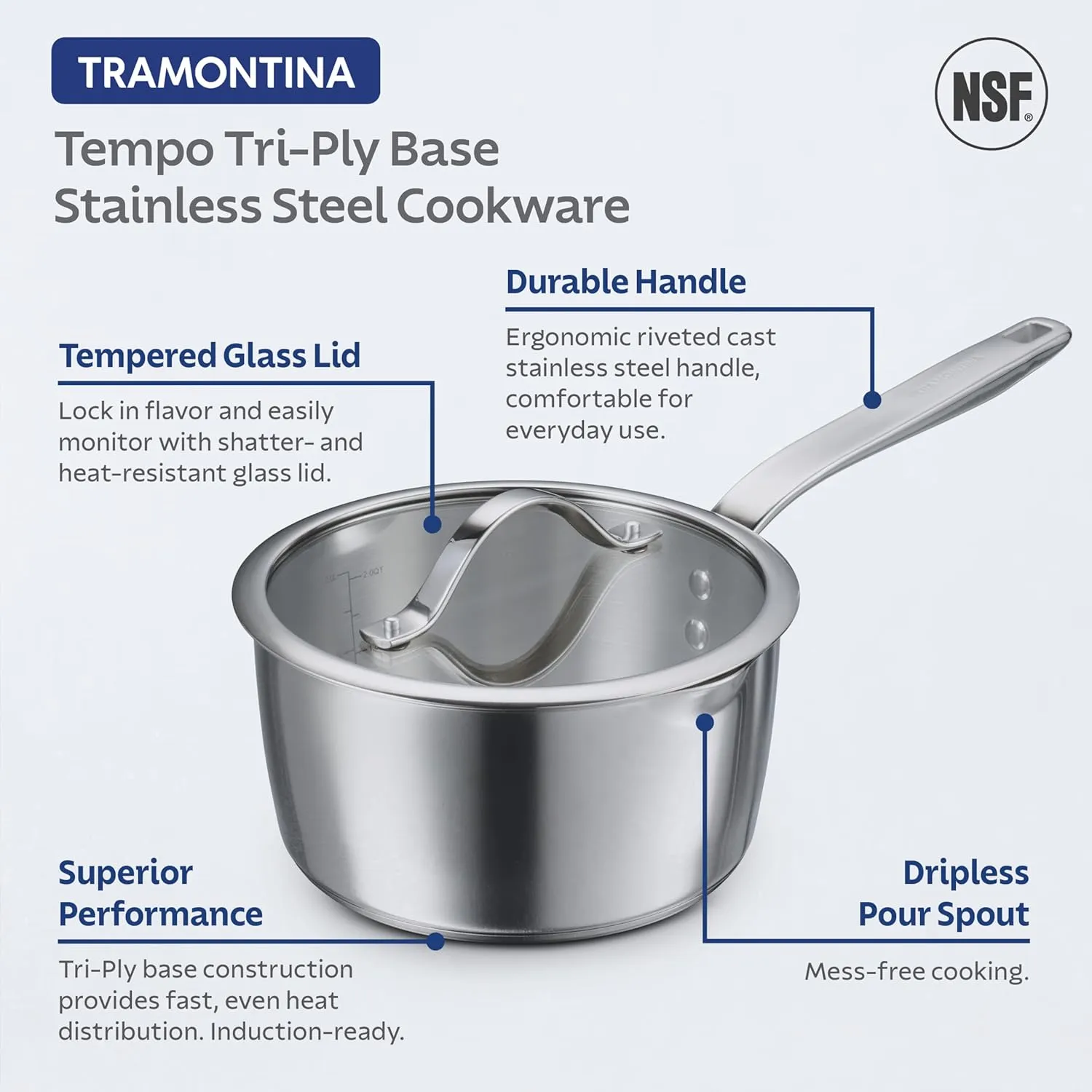 Tramontina Tempo Tri-Ply Base Stainless Steel 10-Piece Cookware Set with Glass Lids, Pots and Pans Kitchen Set, Induction-Ready, Oven-Safe, Dishwasher-Safe