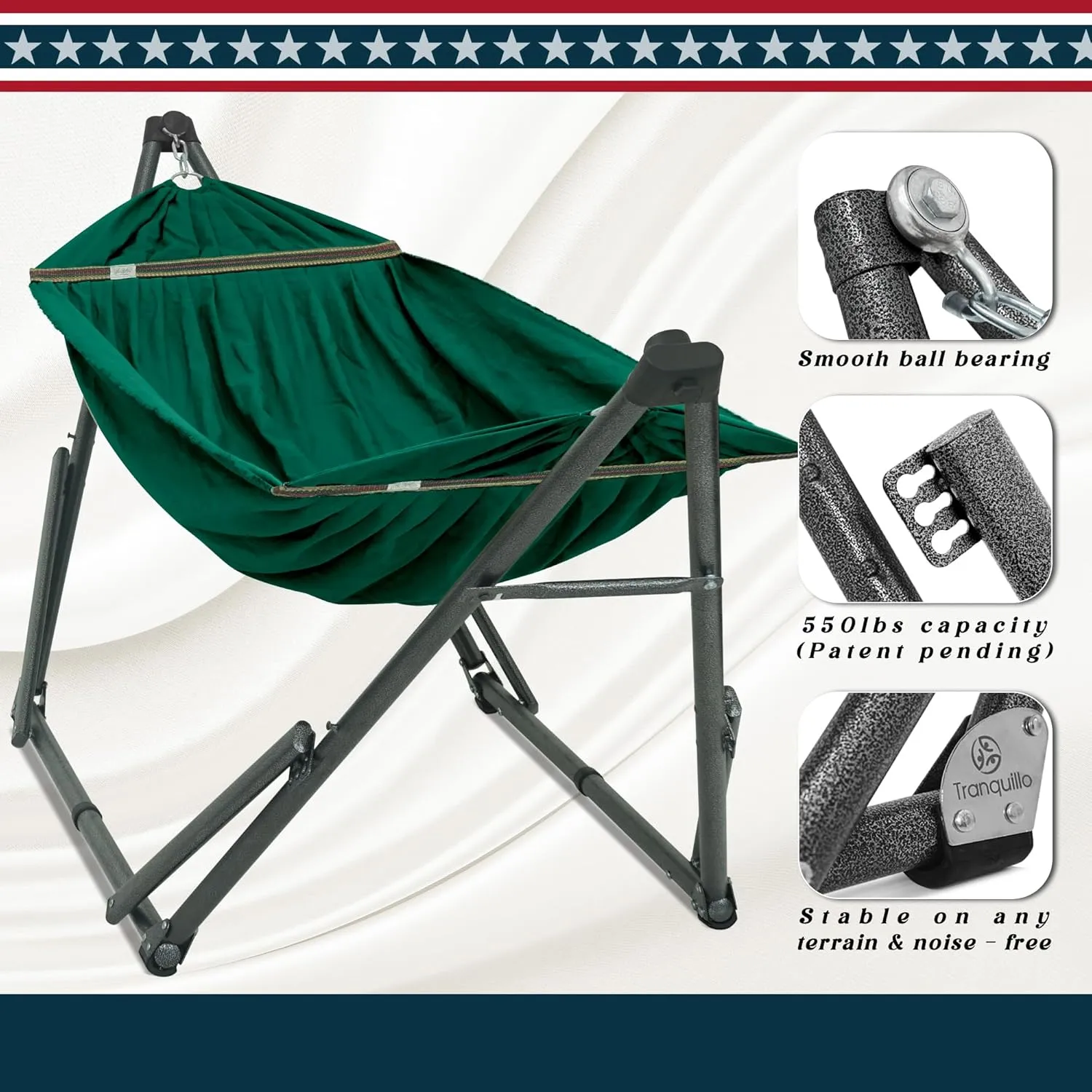 Tranquillo Uniki Hammock with Stand – 550 lbs Capacity, Foldable & Portable, Heavy-Duty Indoor/Outdoor Hammock with Premium Carry Bag, Emerald Green