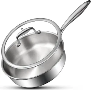 Tri-Ply Stainless Steel Frying Pan 3QT, 10 Inch Deep Frying Pan with lids, Skillet, Induction Cooking Pan, Dishwasher and Oven Safe, Fast & Even Heat, Heavy Duty and Detachable Handle