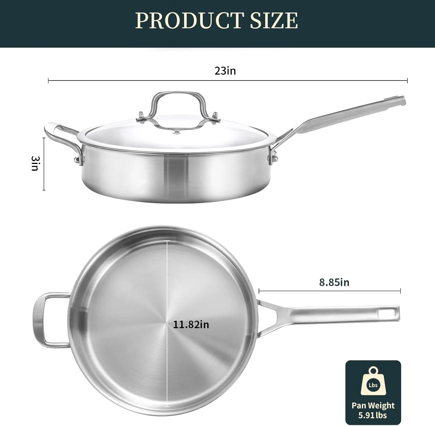 Tri-Ply Stainless Steel Saute Pan 5QT, 12 Inch Deep Frying Pan with lids, 3-layer Large Skillet with Stay Cool Handle, Induction Pan, Durable, Compatible with All Cooktops Up to 500℉