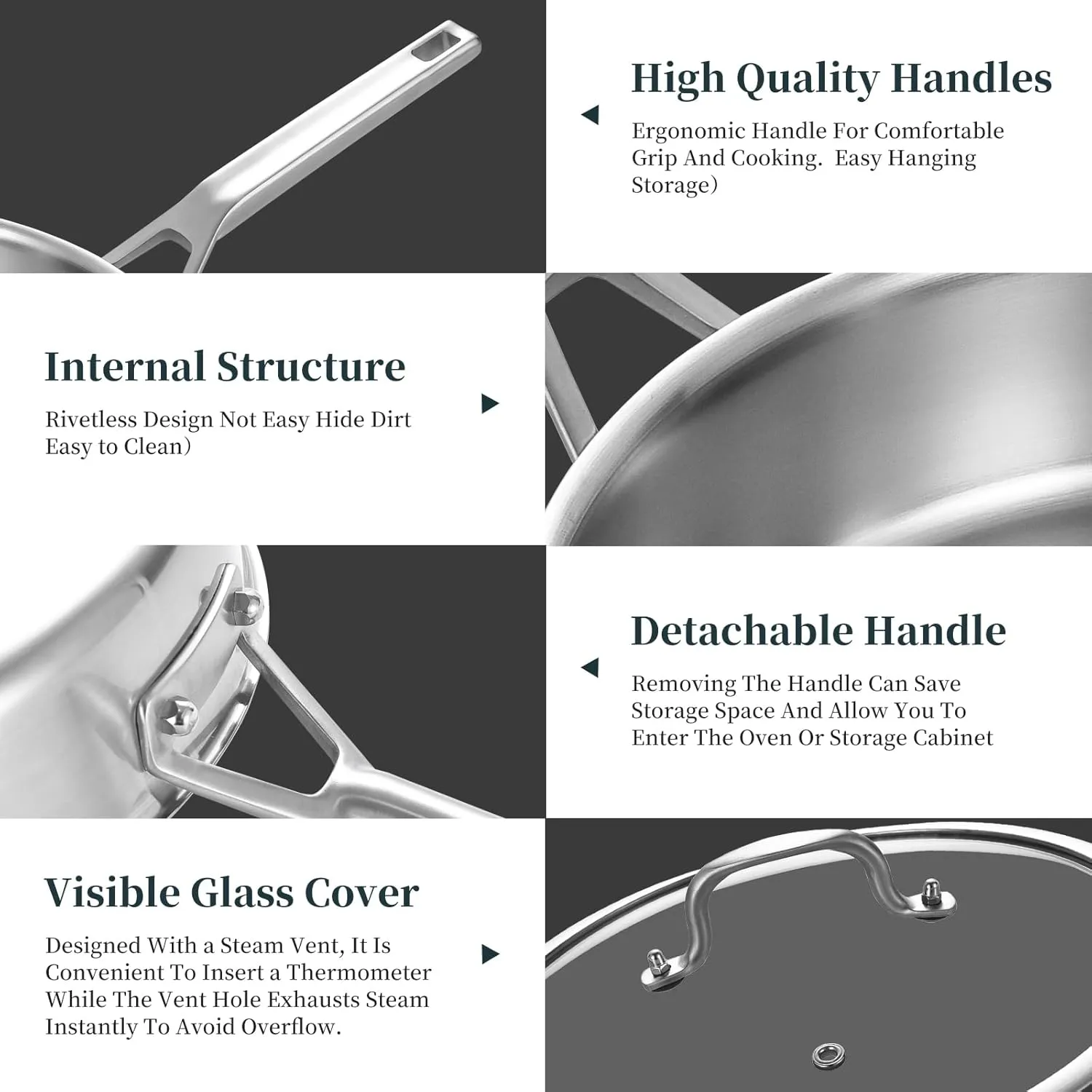 Tri-Ply Stainless Steel Saute Pan 5QT, 12 Inch Deep Frying Pan with lids, 3-layer Large Skillet with Stay Cool Handle, Induction Pan, Durable, Compatible with All Cooktops Up to 500℉