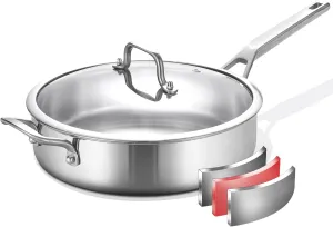 Tri-Ply Stainless Steel Saute Pan 5QT, 12 Inch Deep Frying Pan with lids, 3-layer Large Skillet with Stay Cool Handle, Induction Pan, Durable, Compatible with All Cooktops Up to 500℉