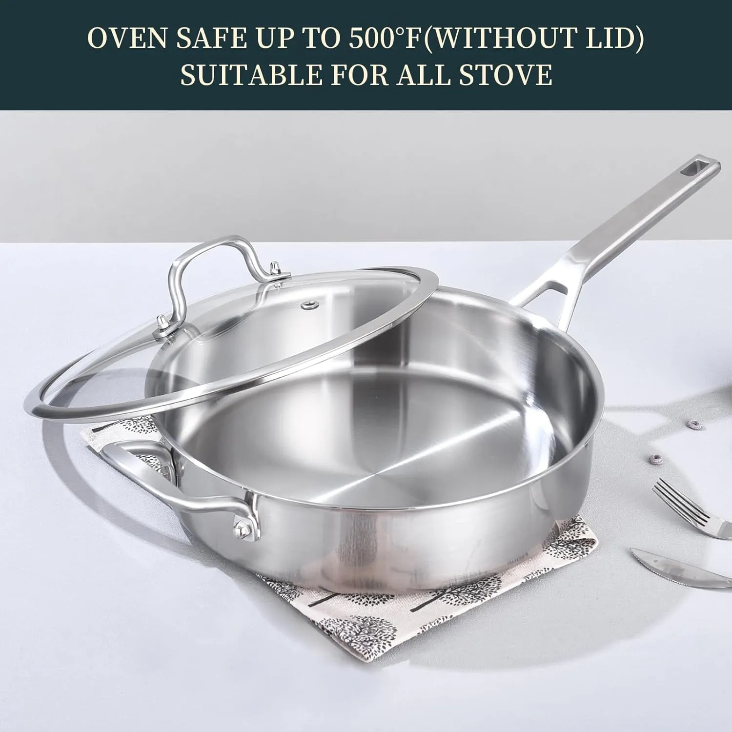 Tri-Ply Stainless Steel Saute Pan 5QT, 12 Inch Deep Frying Pan with lids, 3-layer Large Skillet with Stay Cool Handle, Induction Pan, Durable, Compatible with All Cooktops Up to 500℉