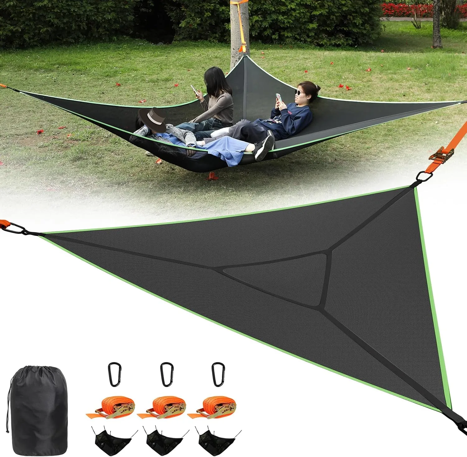 Triangle Hammock, 13ft Camping Hammock with 3 Ratchet Tie Down Straps and Storage Bag, 3 Point Hammocks Portable Max 800 Lbs for 2-3 Adult Kid, Multi Person Tree Hammock for Outside Travel