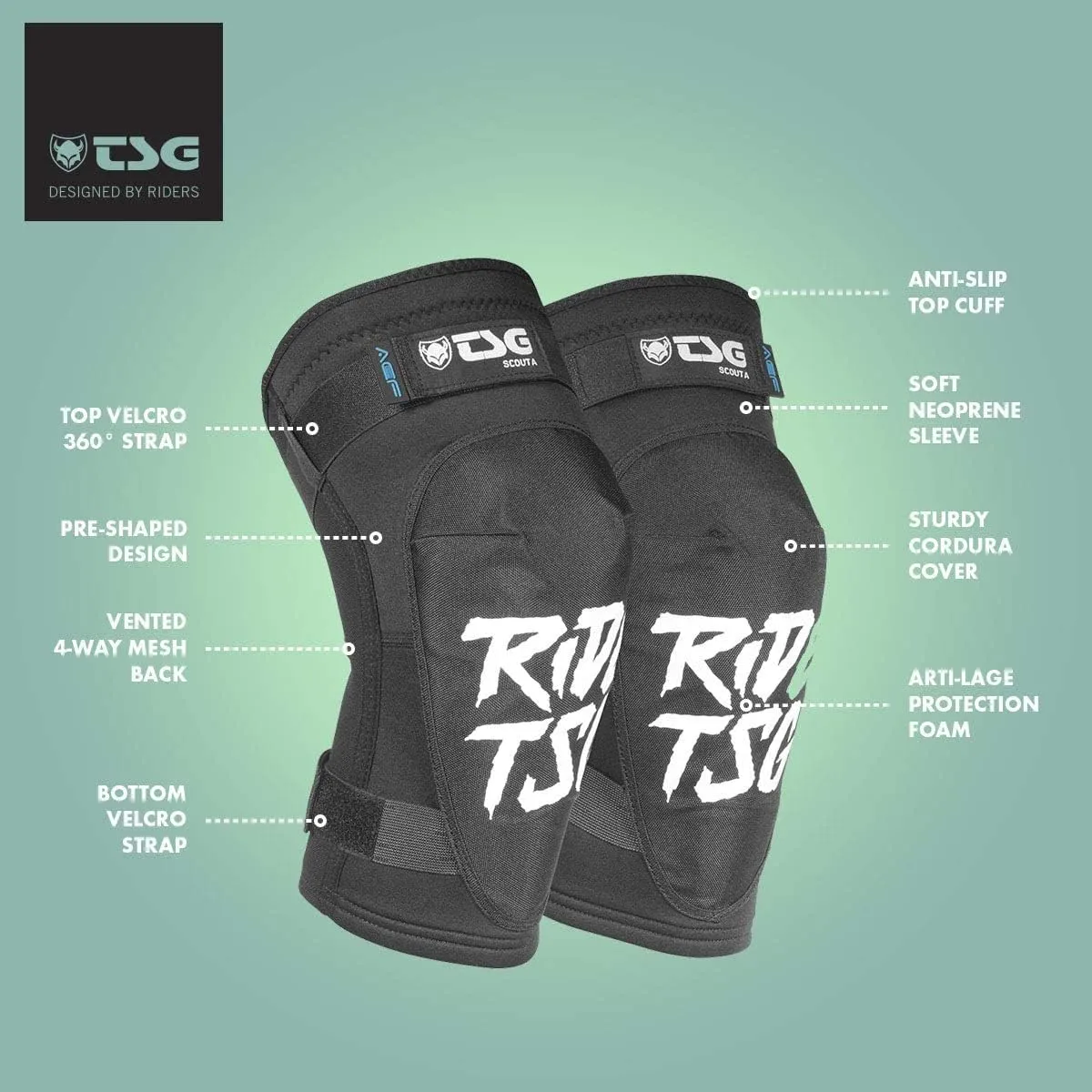 TSG Scout A Knee Guard in Ripped Black w/Superior Shock Absorption, Well-Ventilated, Pull-Over Design | for MTB, Trail, Enduro, Dirt, Park, BMX