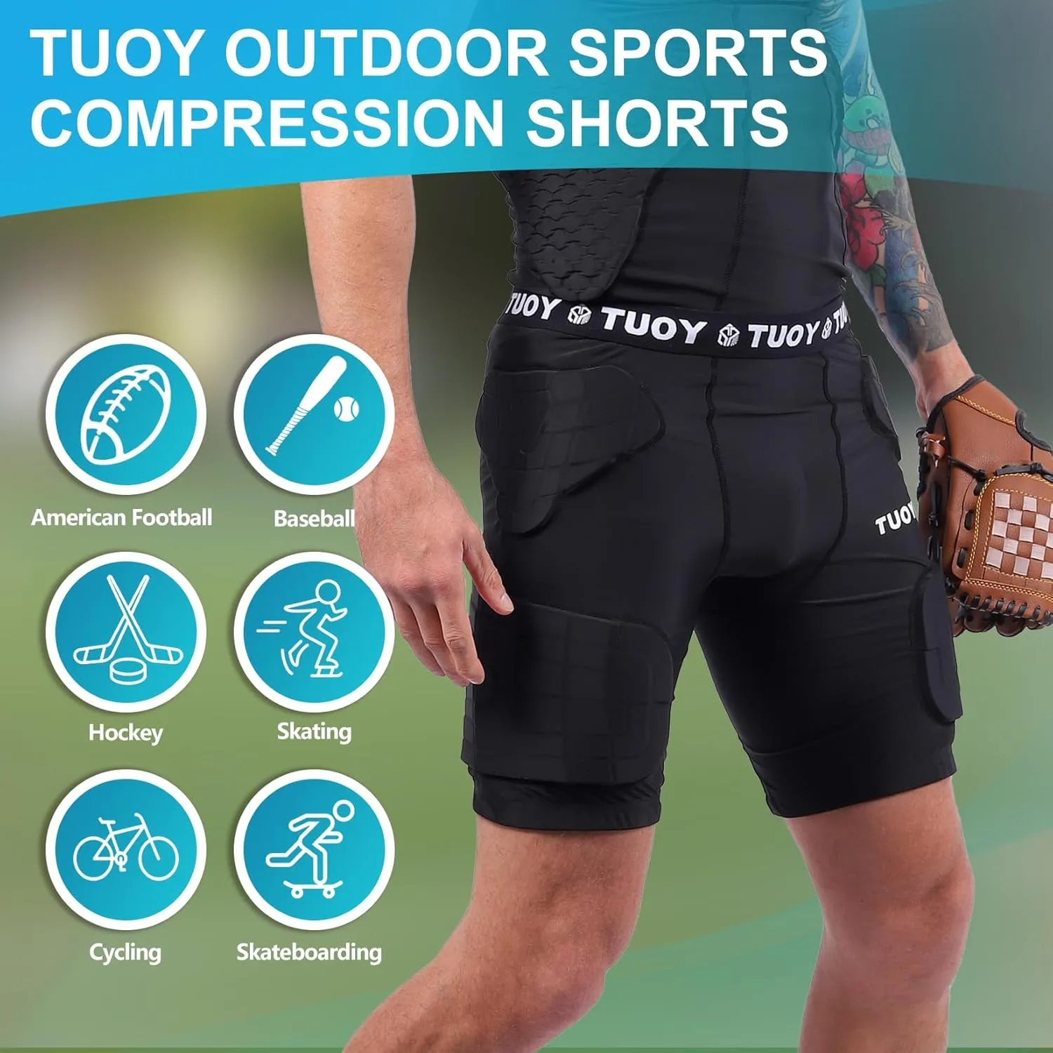 TUOY Adult Padded Compression Shorts 5-Pad Football Girdle Hip Thigh Protector