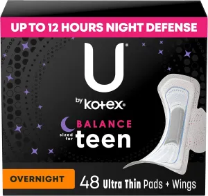 U by Kotex Balance Sized for Teens Ultra Thin Overnight Pads with Wings, 48 Count (4 Packs of 12) (Packaging May Vary)