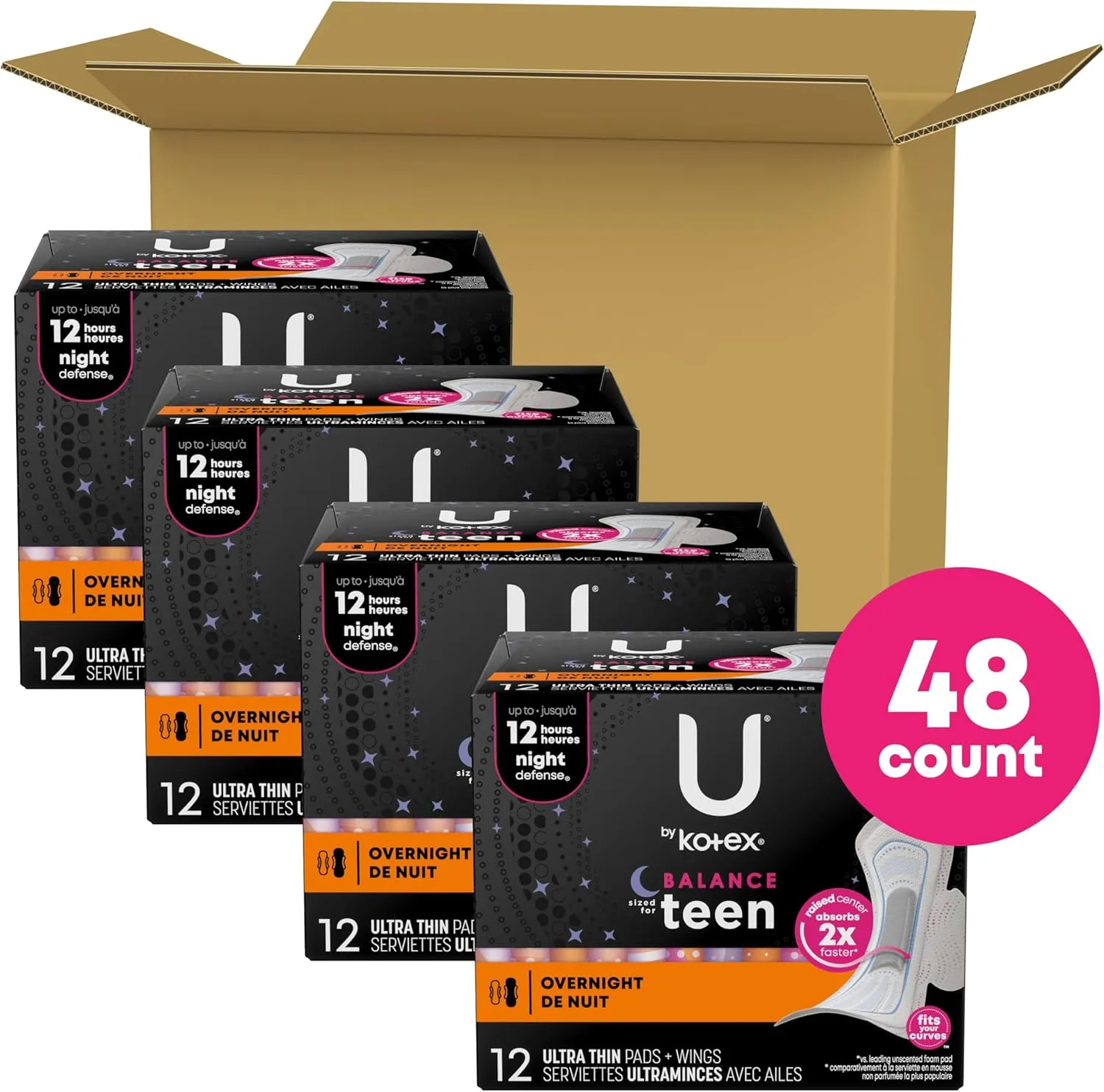 U by Kotex Balance Sized for Teens Ultra Thin Overnight Pads with Wings, 48 Count (4 Packs of 12) (Packaging May Vary)