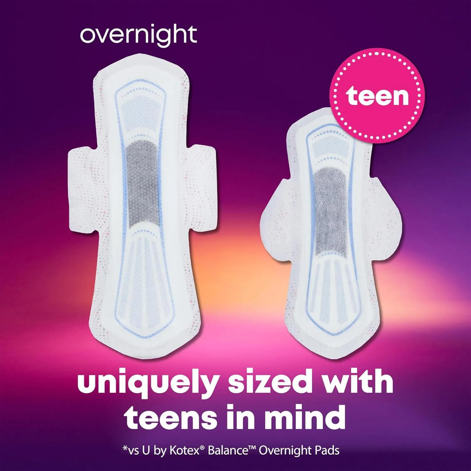 U by Kotex Balance Sized for Teens Ultra Thin Overnight Pads with Wings, 48 Count (4 Packs of 12) (Packaging May Vary)