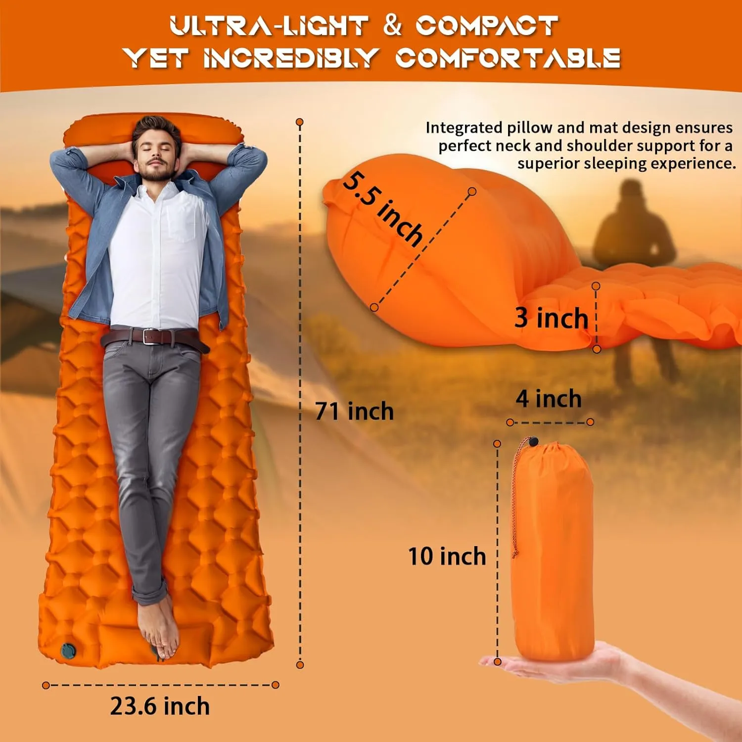 Ultra-Lightweight Inflatable Sleeping Pad for Camping - 30-Second Self-Inflating Camping Air Mattress with Built-in Pump and Pillow, Camping Pad for Backpacking, Hiking, Outdoor Adventures