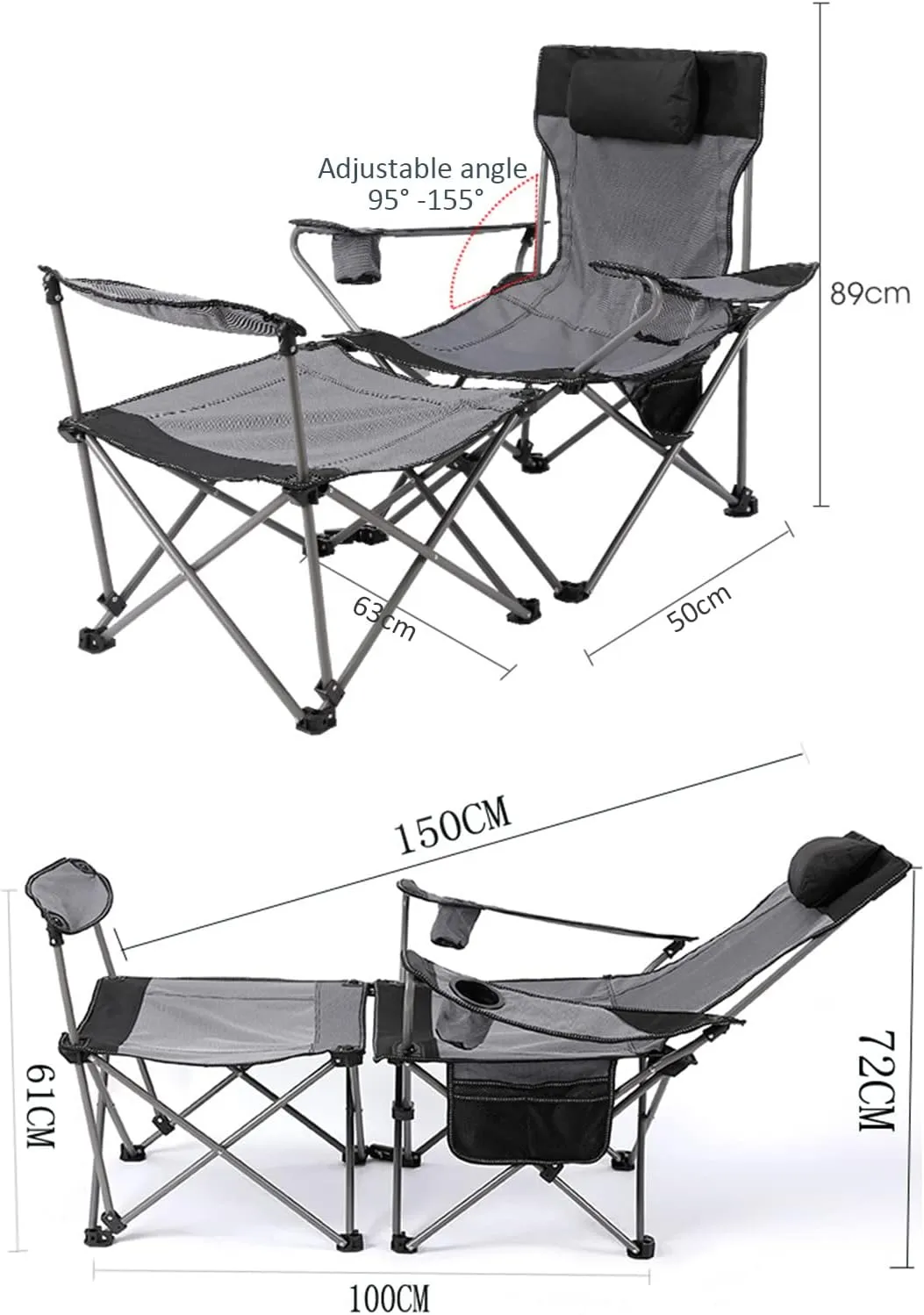 Ultralight Camping Chair, Portable Folding Compact Camping Chair 2 in 1 Camping Folding Recliner Chair with Detachable Footstool, Heavy Support 150kg,C