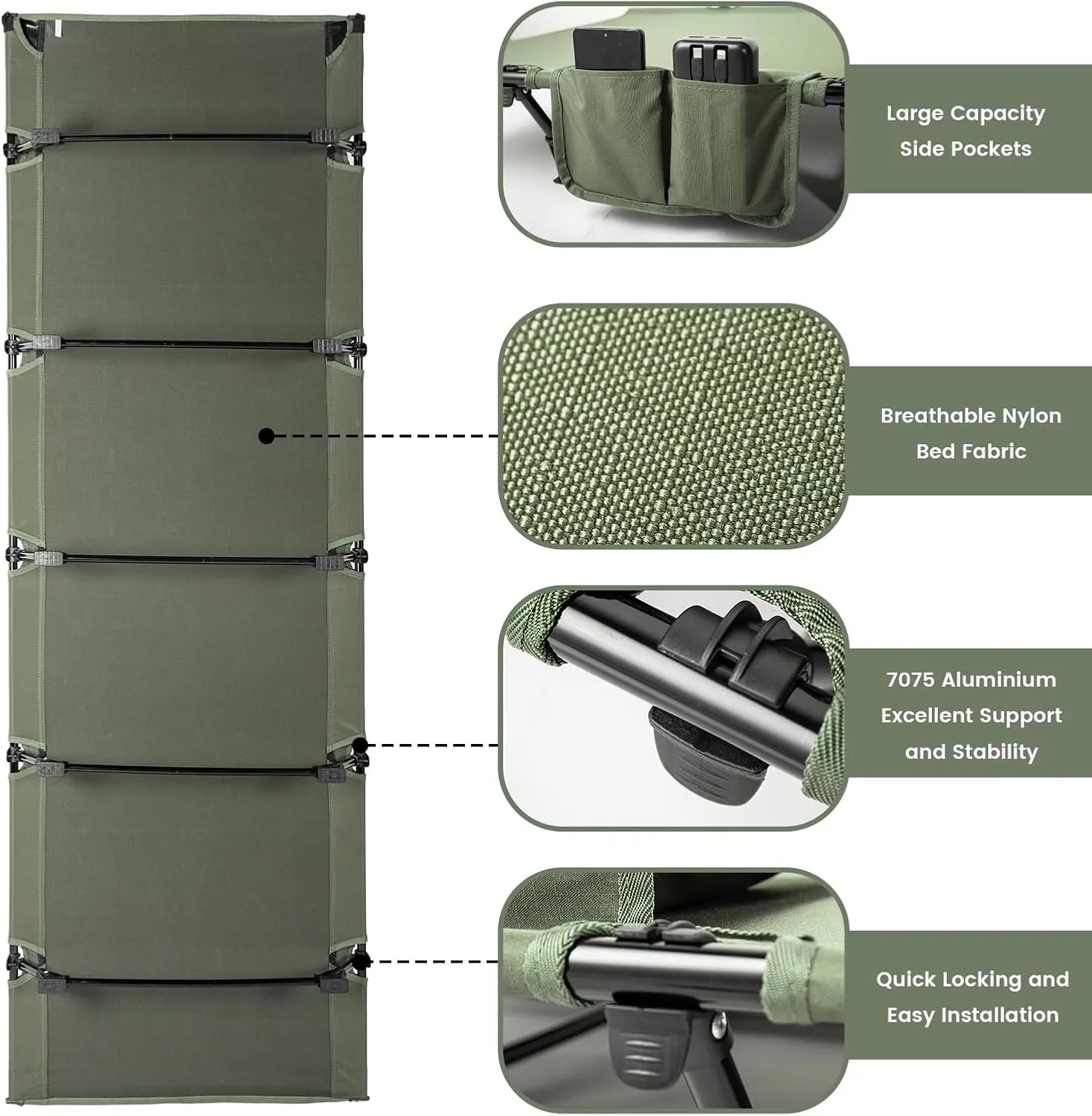 Ultralight Camping Cots for Adults, Portable Folding Bed, Tent Cot Lightweight Travel, Camping, Hiking, Backpacking, Mountaineering, Army Green