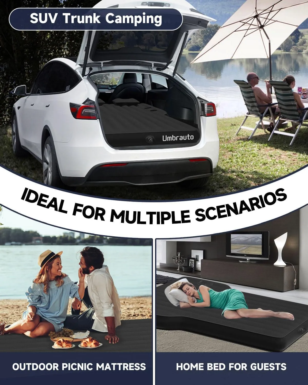Umbrauto Air Mattress for Tesla Model Y, Custom Inflatable Camping Bed for Back Trunk, Upgraded Sleeping Pad w/Soft Flocking Surface, Durable 210T Fabric Bottom, Portable Pump for SUV Outdoor Travel