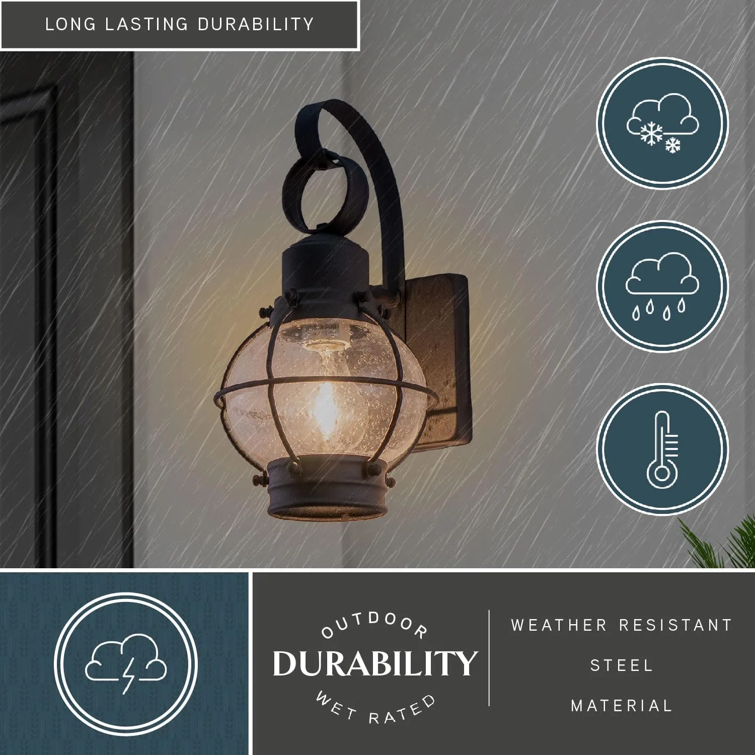 VAXCEL Chatham 6.5-in Outdoor Wall Lantern Light, Textured Black, Weather Resistant Stainless Steel, Clear Seeded Glass, E26 Bulb Compatible, Vintage Edison Style, Coastal Design, Exterior Wet Rated